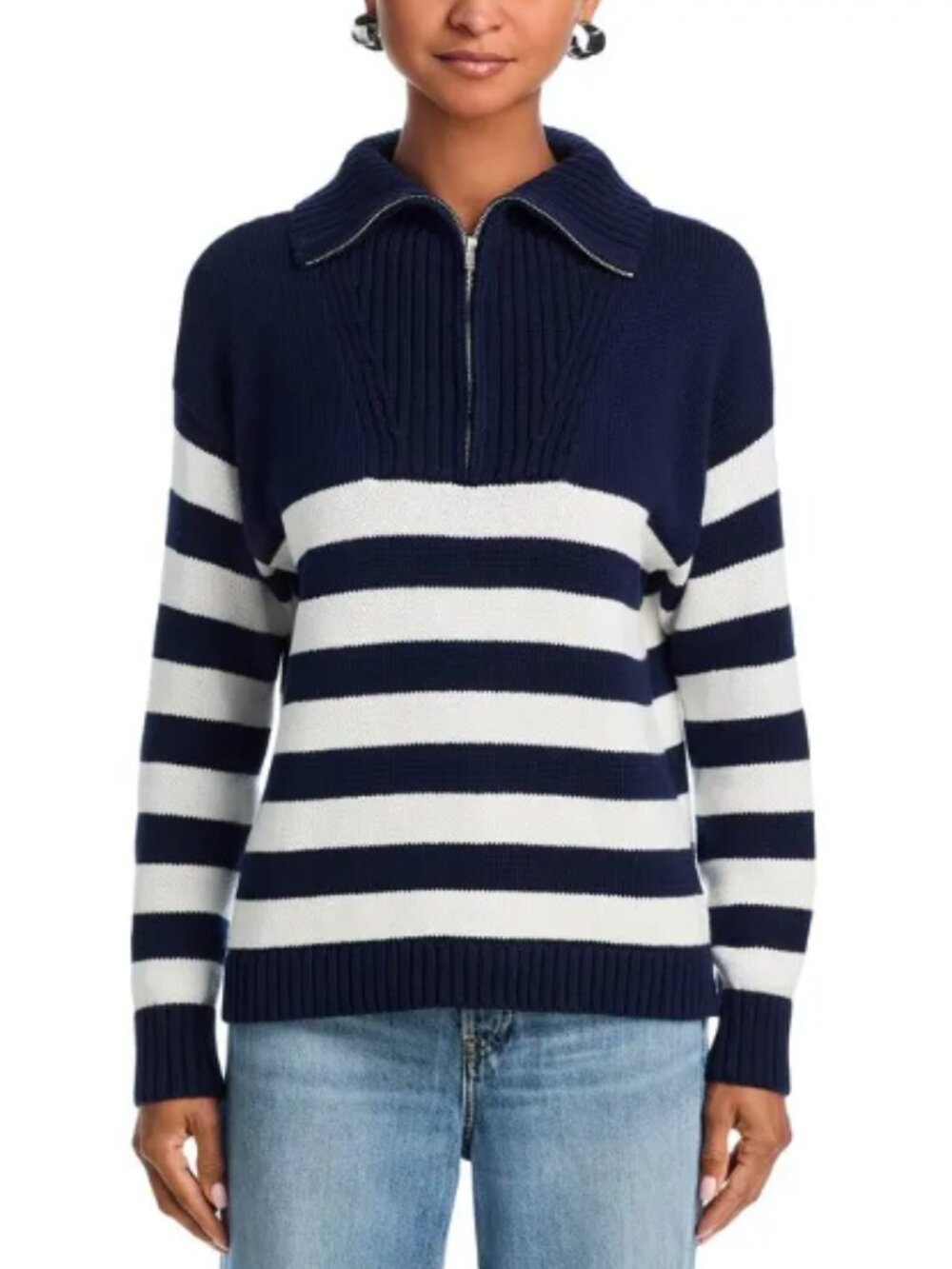 Aqua Navy and White Stripe Half Zip Cotton Sweater size Medium NWT Nautical Twee